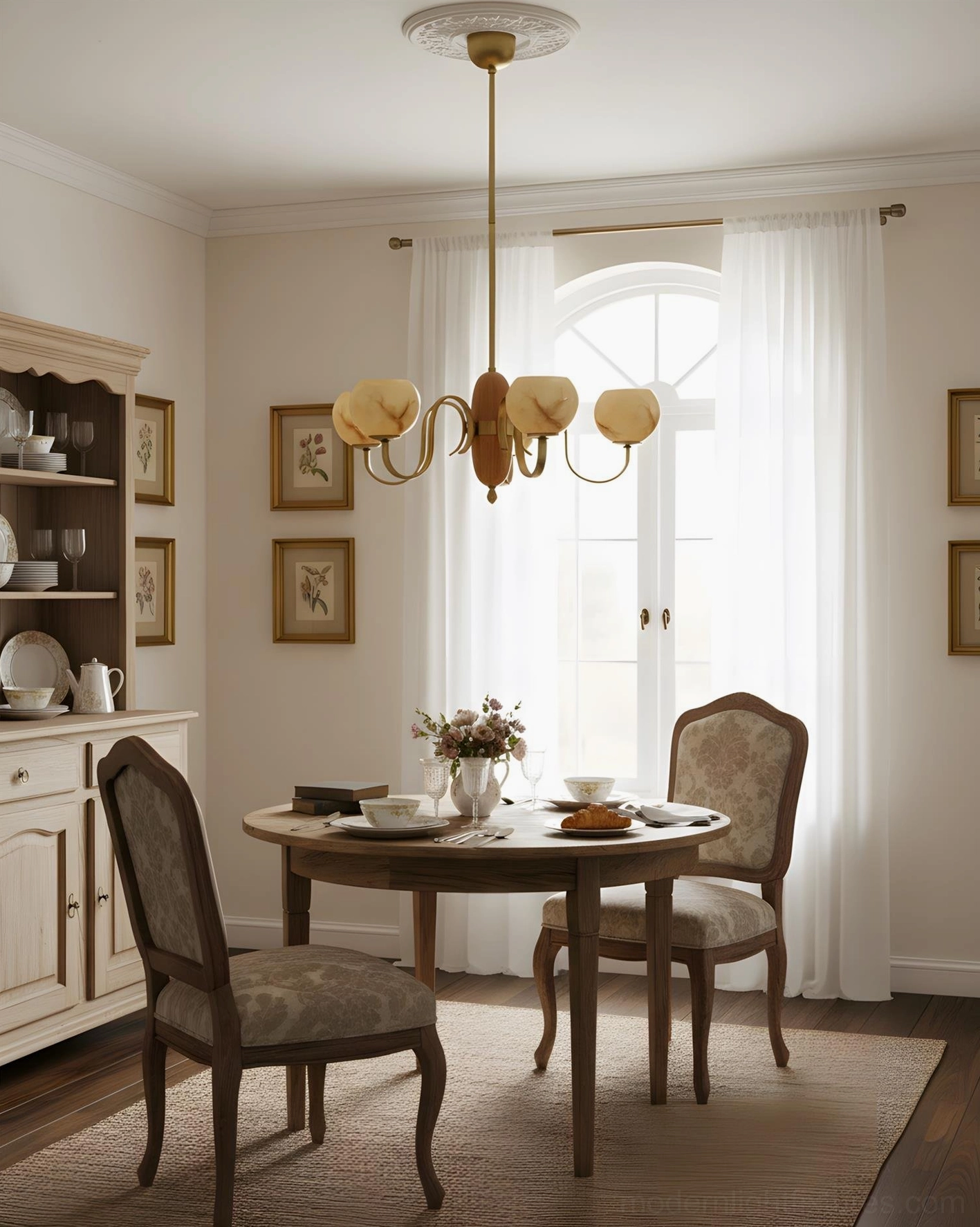 Vintage marble glass chandelier lighting small residential dining room with arched window and cabinetry