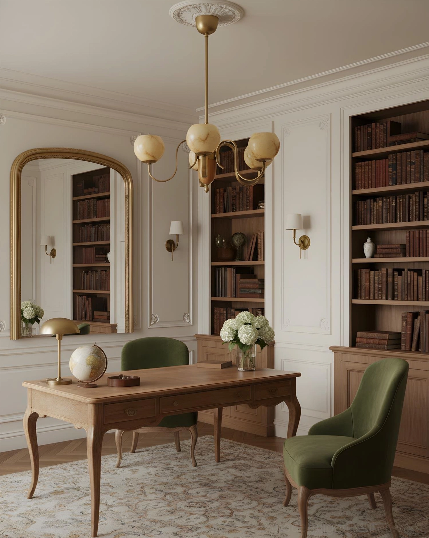 Elegant marble glass chandelier paired with brass wall sconces in formal library study room design