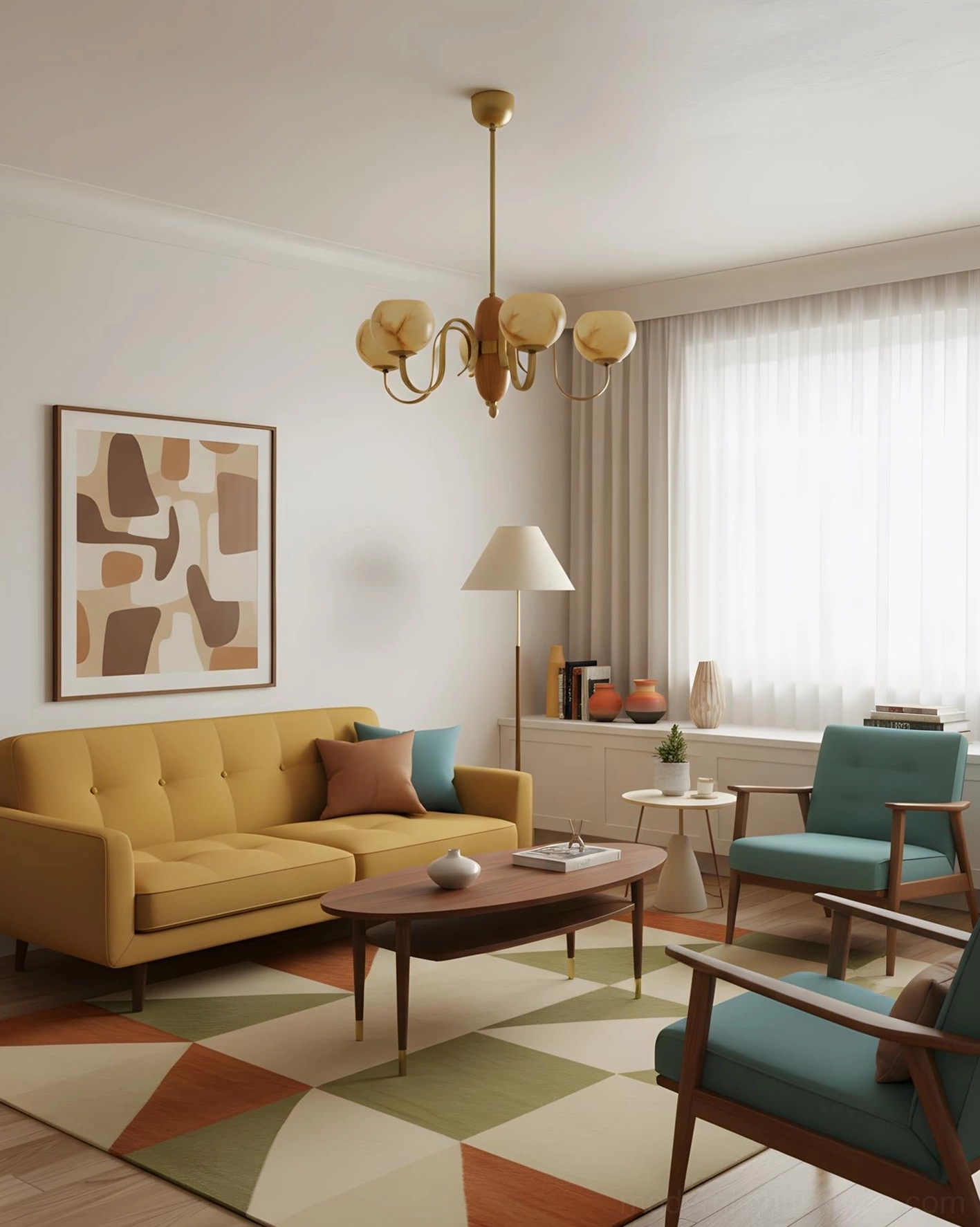 Vintage marble glass 5-light chandelier illuminating retro residential living room with warm ambiance