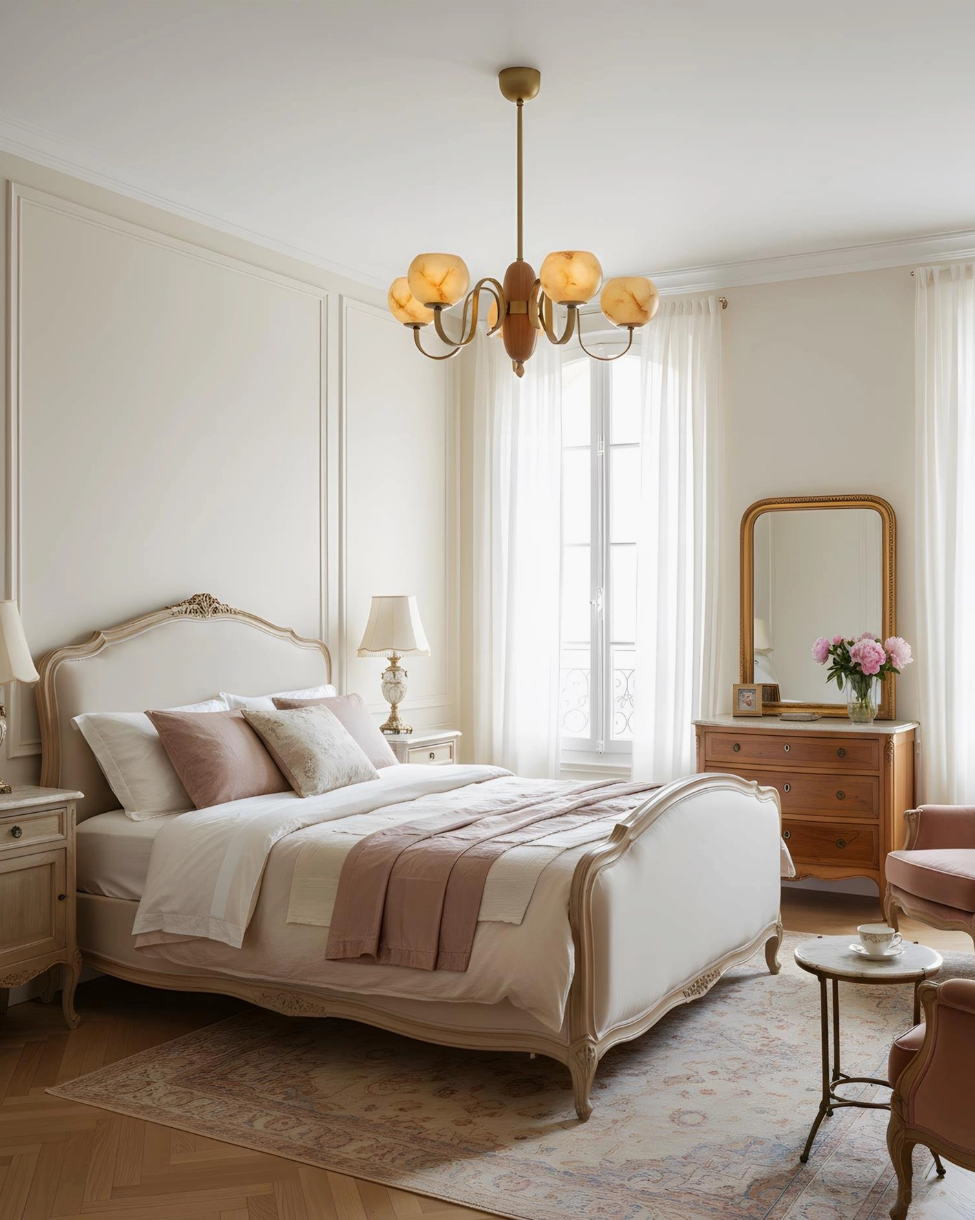 Classical marble glass 5-light chandelier in neutral warm master bedroom elegant interior design