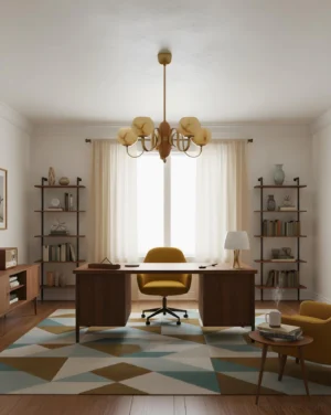 Modern marble glass chandelier installed in mid-century home office with warm brass finish lighting