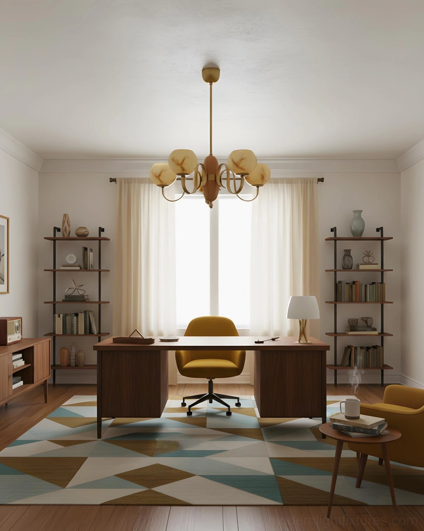 Modern marble glass chandelier installed in mid-century home office with warm brass finish lighting