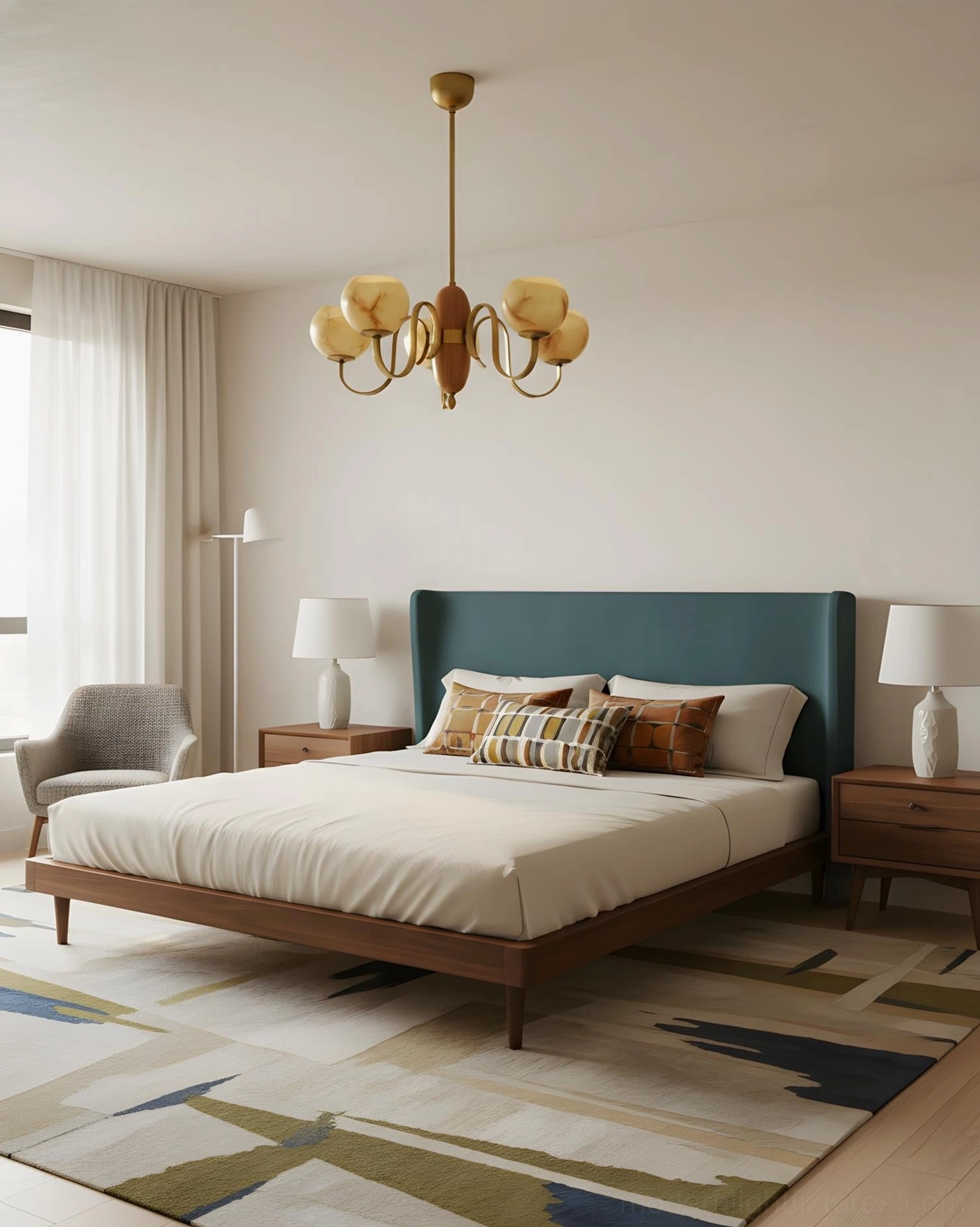 Modern minimalist master bedroom with teal bed frame and warm brass marble glass chandelier fixture