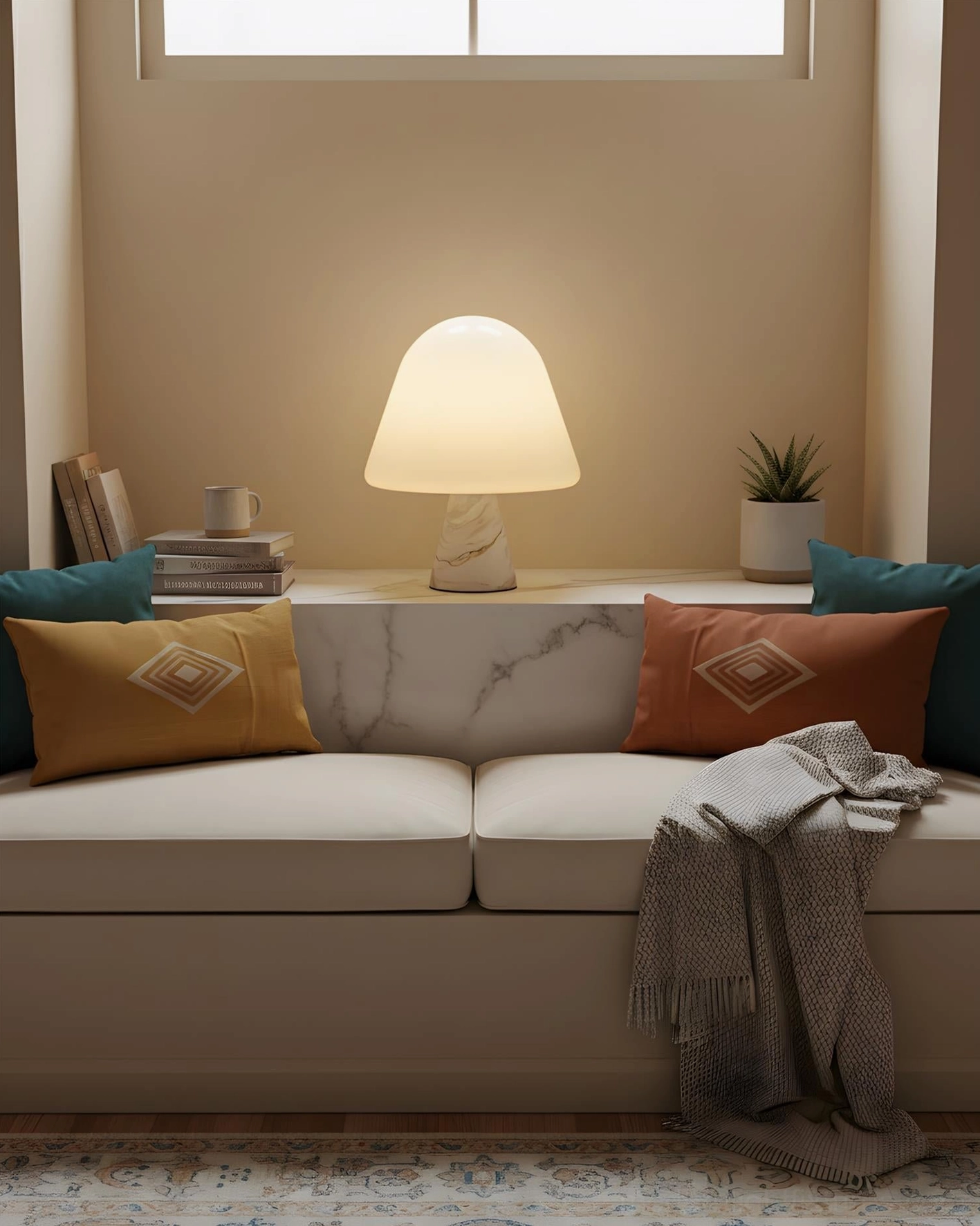 Marble base mushroom lamp on side table next to fabric sofa with throws and pillows in cozy living room setting, soft diffused glow