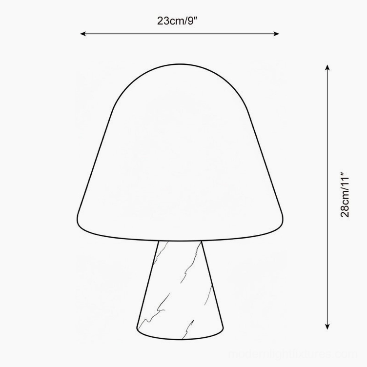 Technical line drawing and product specification diagram of modern marble mushroom table lamp showing 23cm width by 28cm height dimensions