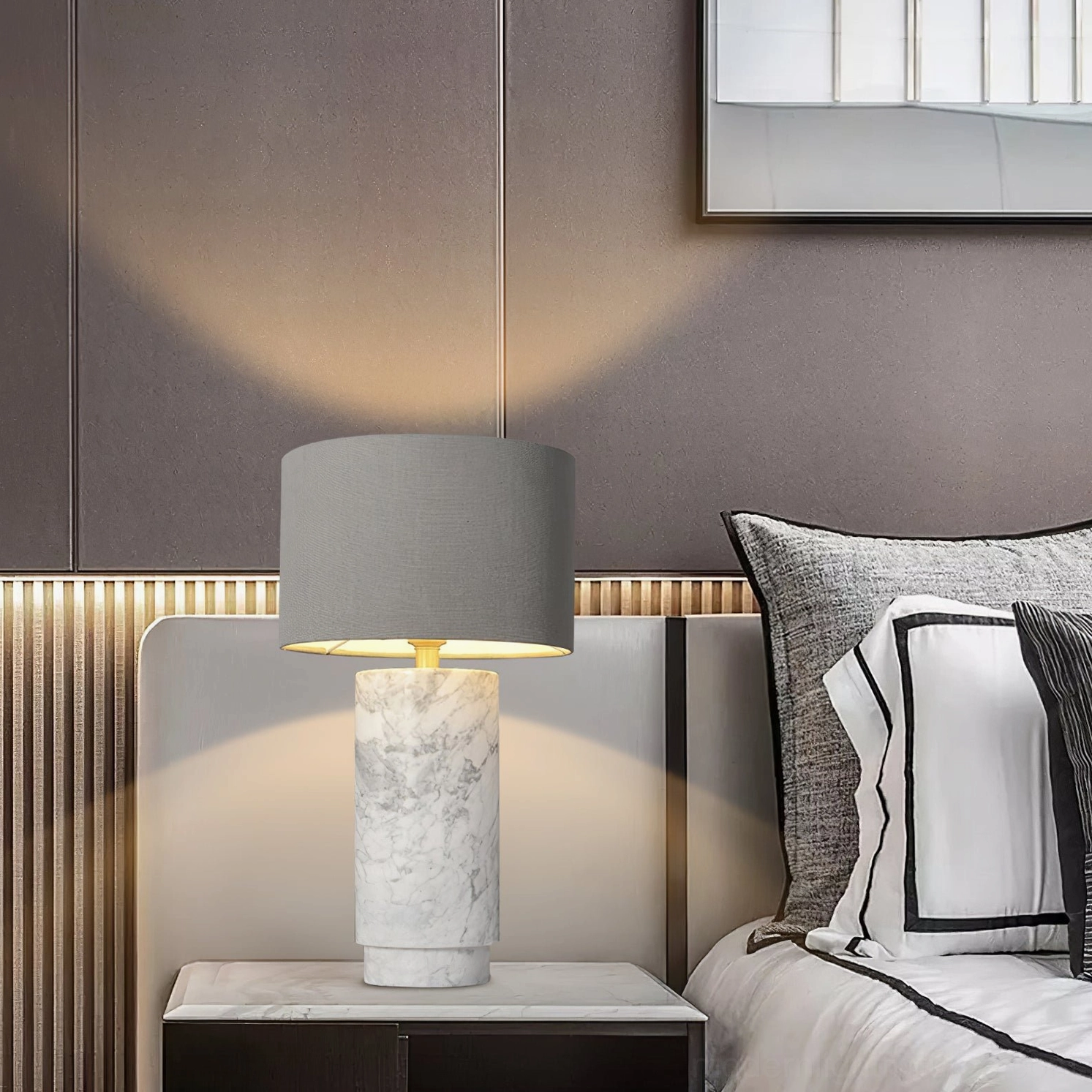 Minimalist marble table lamp positioned on bedroom bedside table with neutral decor, eye-level side angle photography