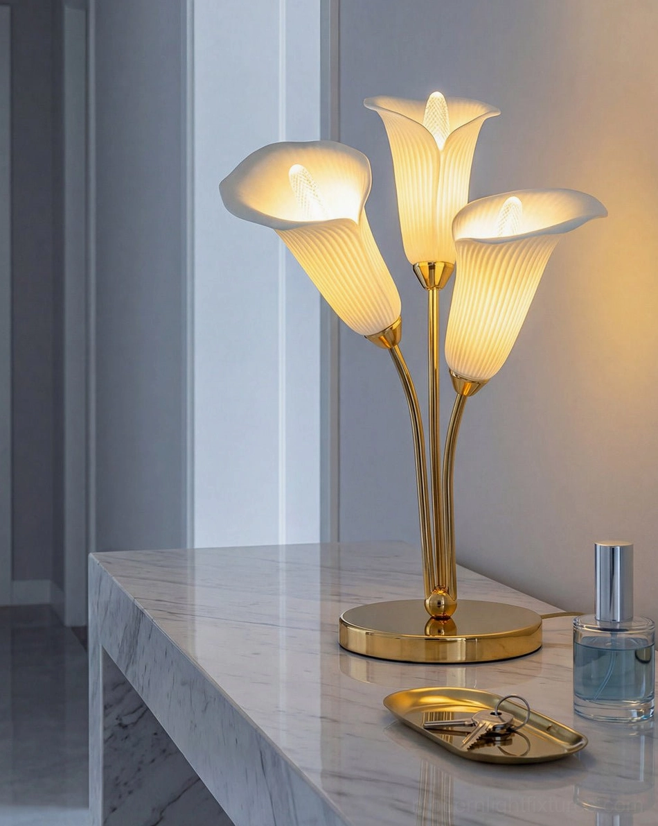Modern ceramic sculptural lamp on marble vanity countertop with perfume bottle accessories