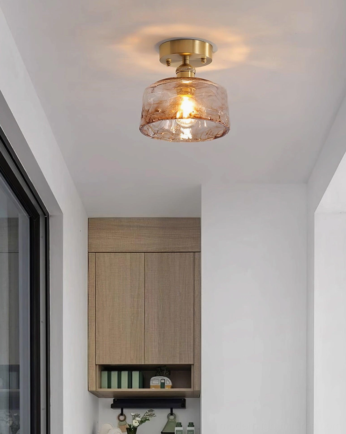 Semi-flush vintage ceiling light with amber marbled glass and brushed brass finish, artistic nostalgic design