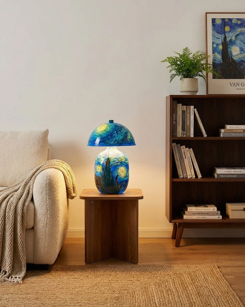 Marbled blue-green glazed ceramic table lamp with sculptural dome shade in bohemian living room