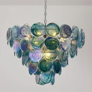 Marbled teal purple green glass disc chandelier vintage art glass design overhead