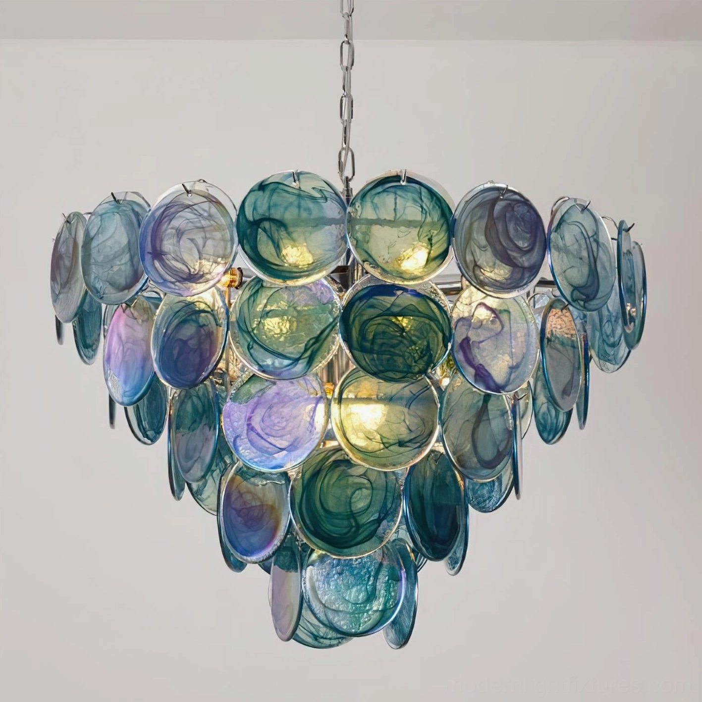 Marbled teal purple green glass disc chandelier vintage art glass design overhead