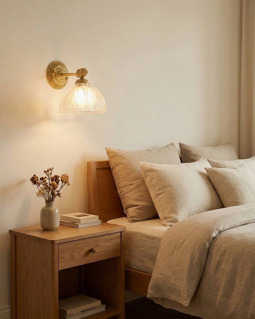 Marceau wall sconce mounted beside bedroom bed providing warm soft glow for bedside reading and nighttime ambiance