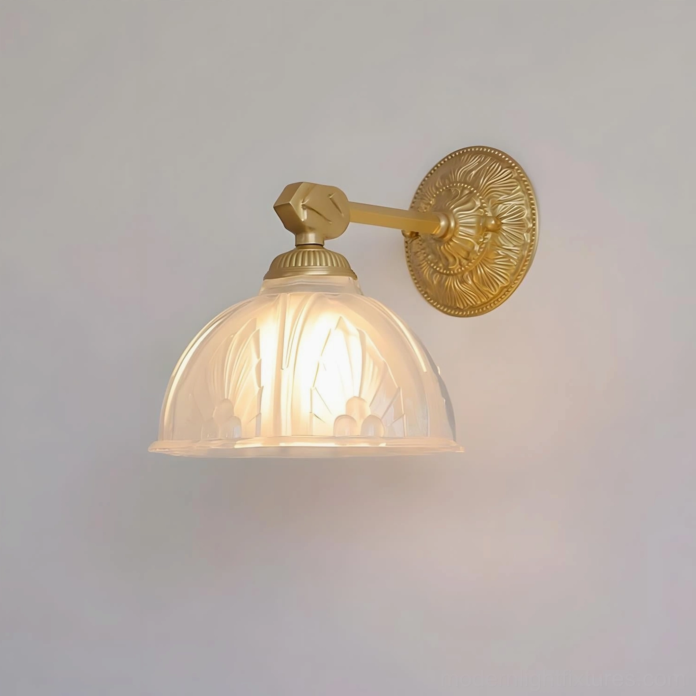 Marceau frosted glass dome wall sconce studio product photography showing full fixture construction and brass finish