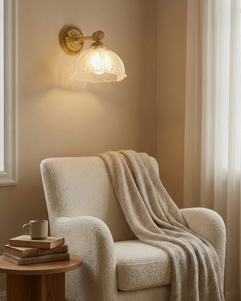 Marceau brass wall sconce providing warm reading light in cozy living room armchair corner nook setting