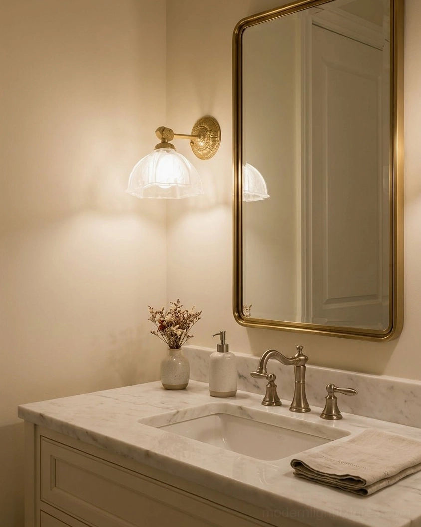 Marceau brass wall sconce illuminated in luxury bathroom vanity setting, paired with gilt mirror frame and warm ambient lighting
