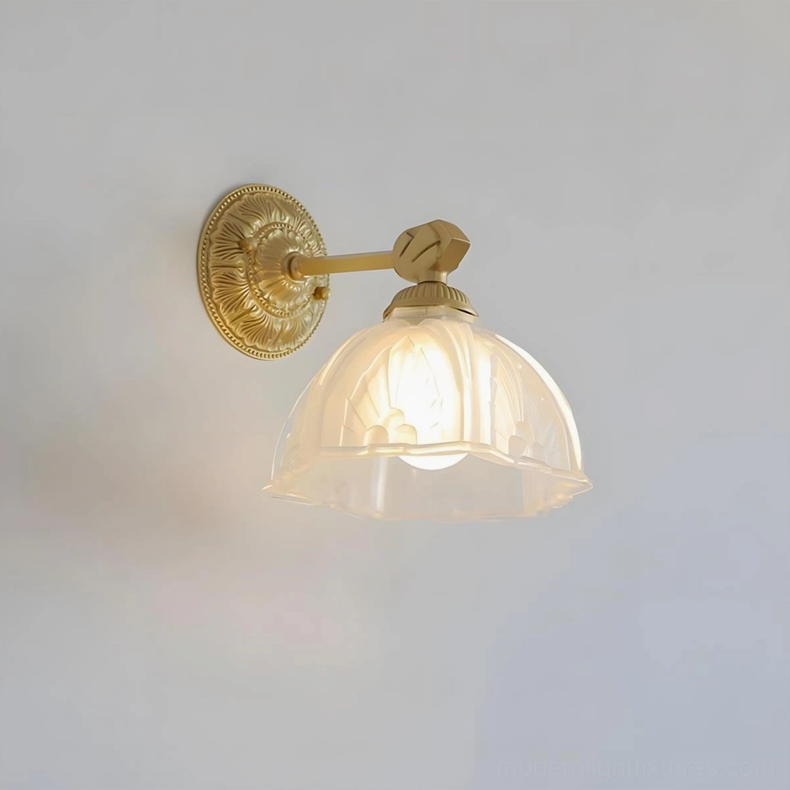 Marceau brass and frosted glass wall sconce full product view with dimensions showing 9.8 inch wall projection