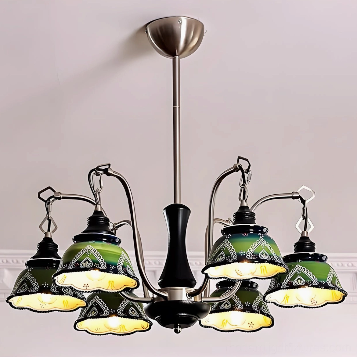 Marcella ceramic chandelier with 5 green hand-painted shades featuring traditional European vintage design elements