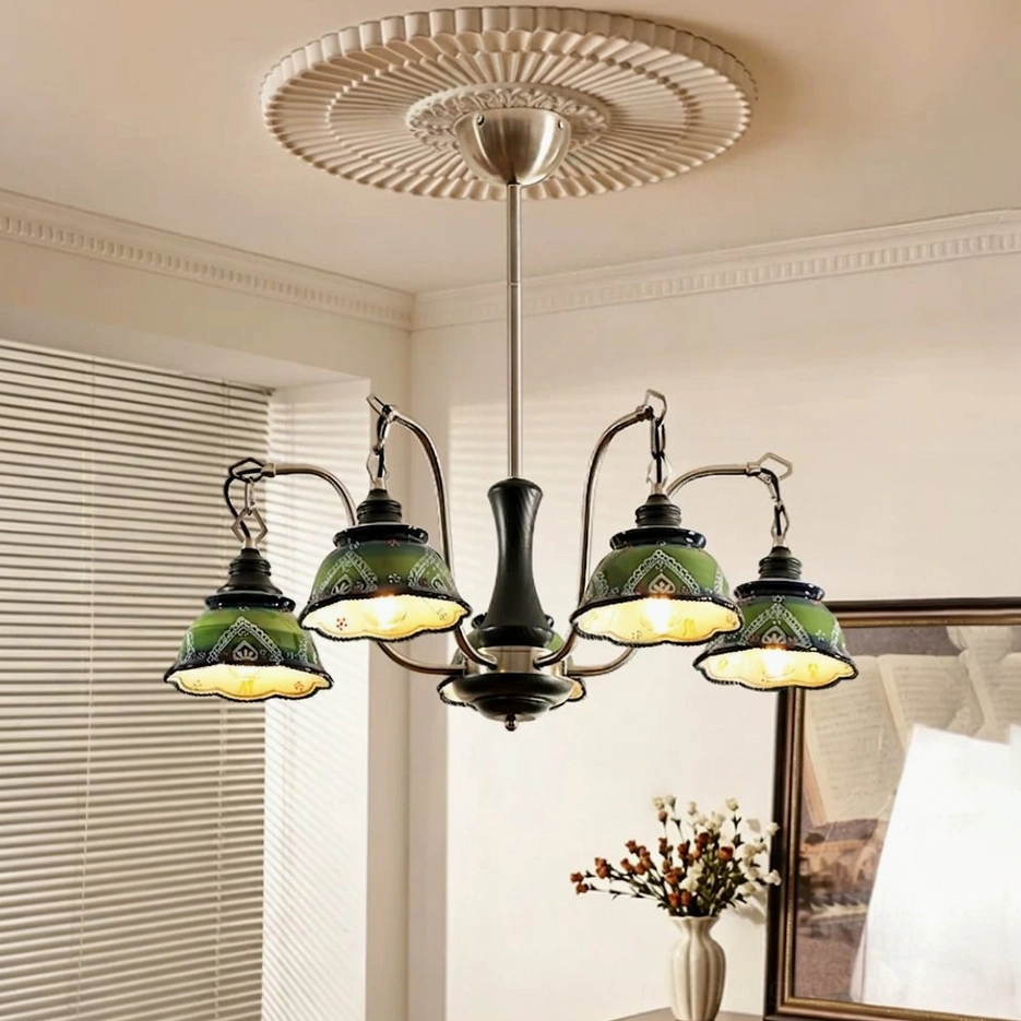 Marcella 5-head compact ceramic pendant chandelier in green with chrome and black metal accents, front studio view