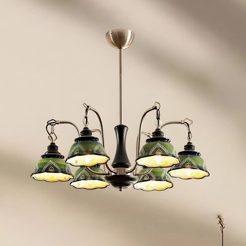 Marcella 6-head vintage ceramic pendant chandelier in chrome black and green finish, side angle product view