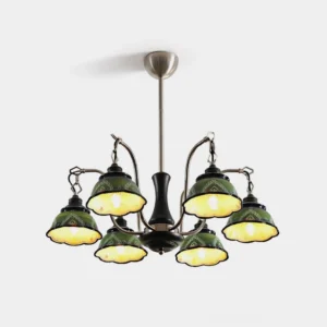 Marcella vintage ceramic chandelier with 8 green hand-painted shades, black metal frame, studio front view on white background