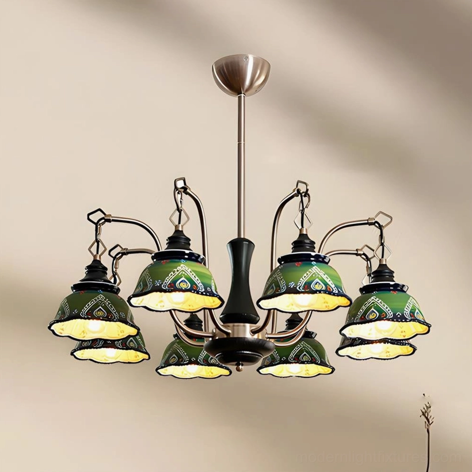 Marcella 8-head ceramic chandelier studio shot showing brushed nickel ceiling mount and detailed hand-painted green shades