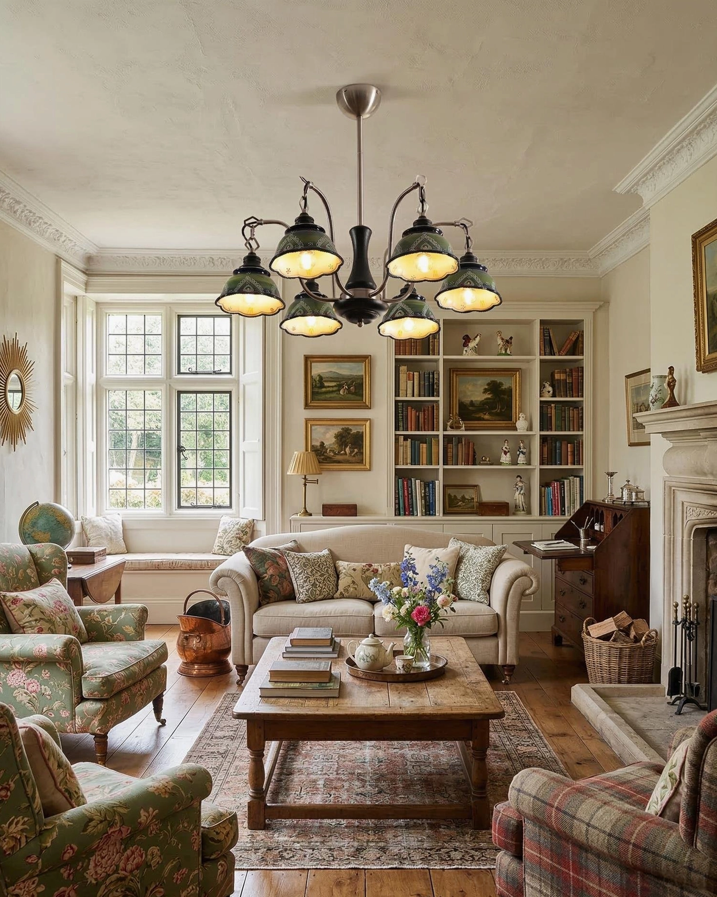 Marcella 8-head chandelier in country style living room with rustic vintage décor and neutral tones