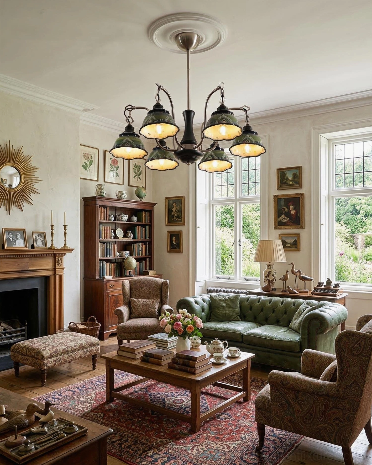 Marcella vintage chandelier in cozy country style living room with green velvet sofa matching the shade tones