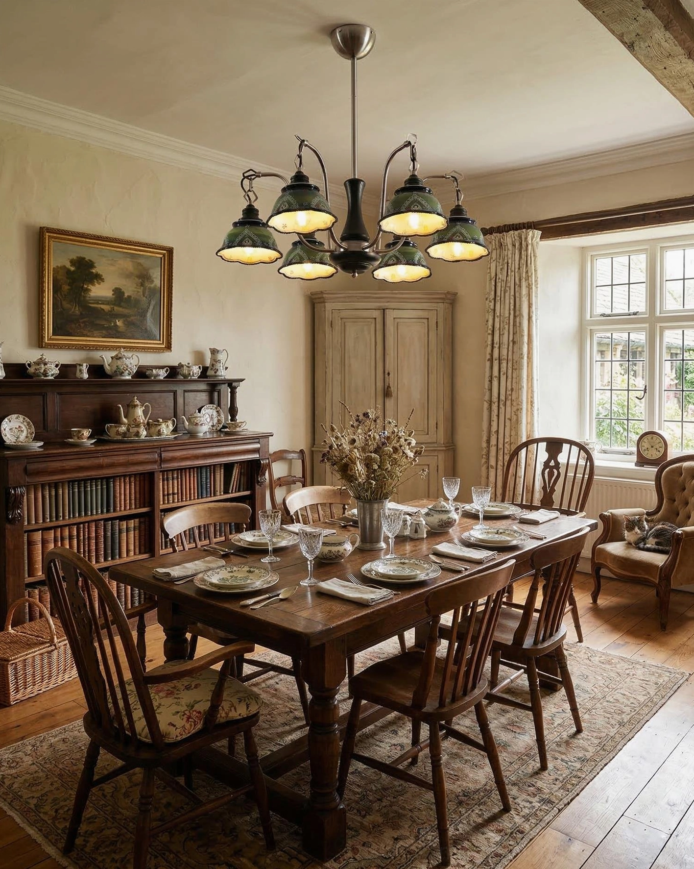 Marcella green ceramic chandelier overhead view in spacious traditional dining room with warm neutral classic home decor