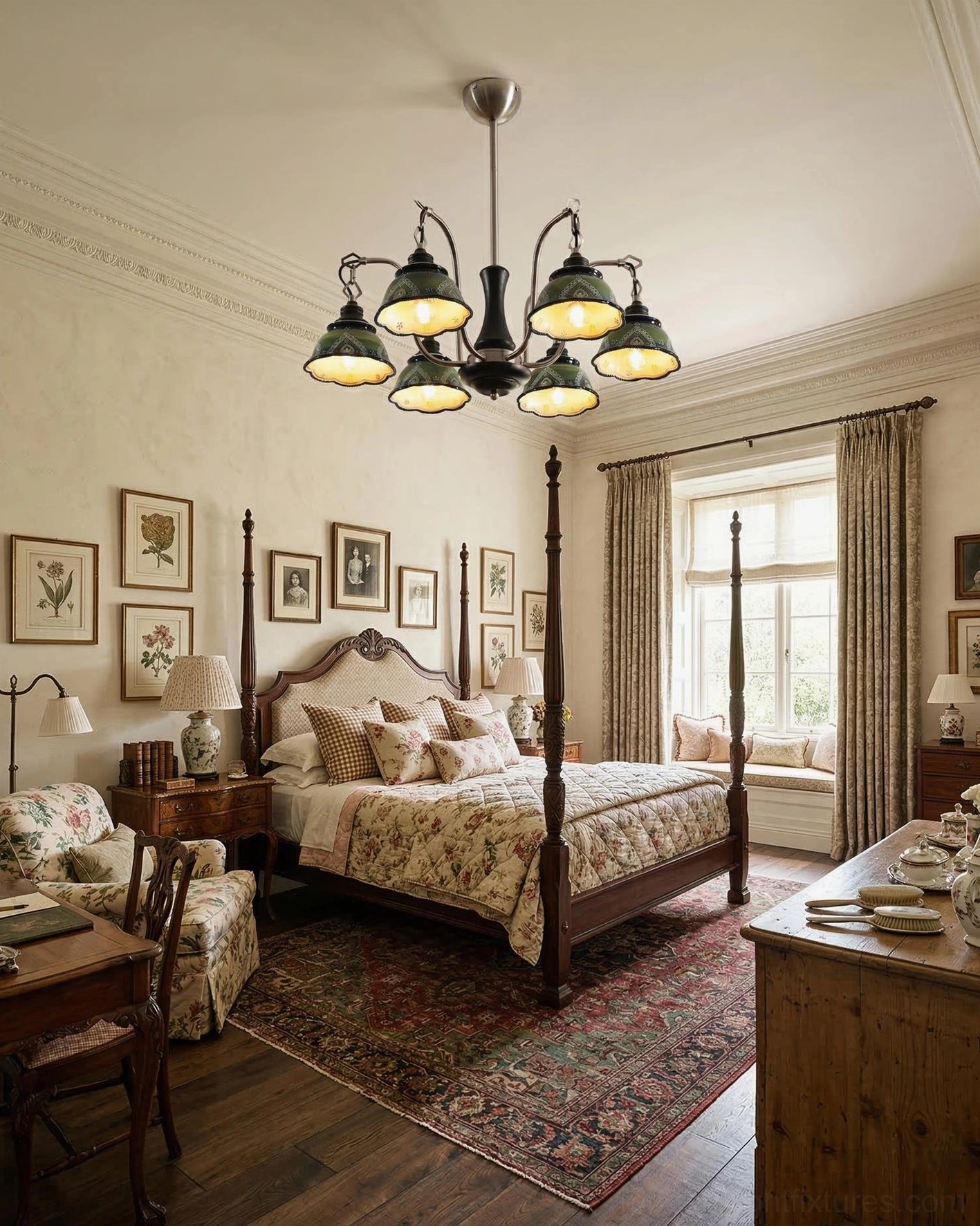 Marcella ceramic pendant light in vintage country style bedroom with warm rustic interior décor and natural ambiance