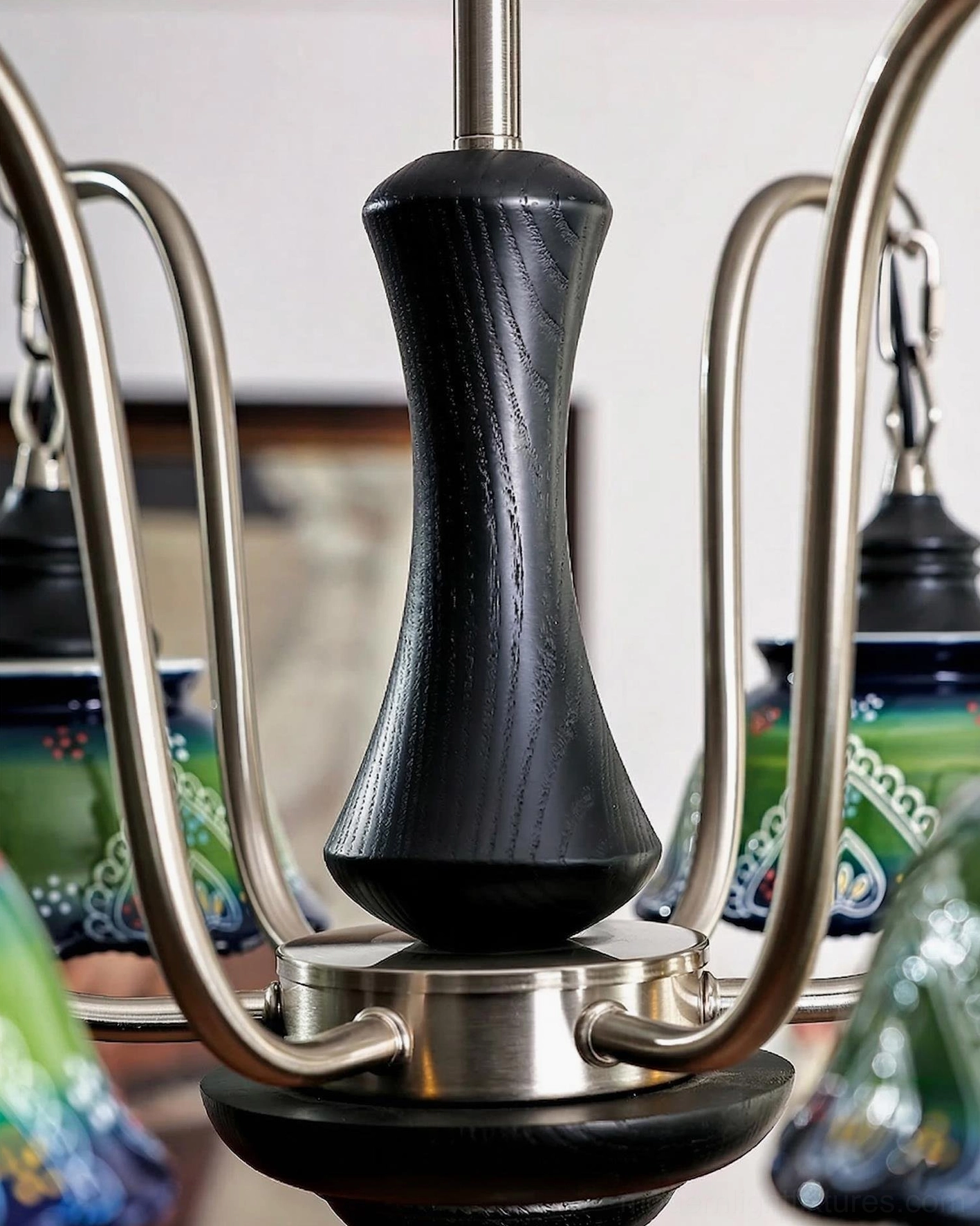 Marcella vintage ceramic chandelier angle view displaying sculptural curved arms and refined silhouette in home setting