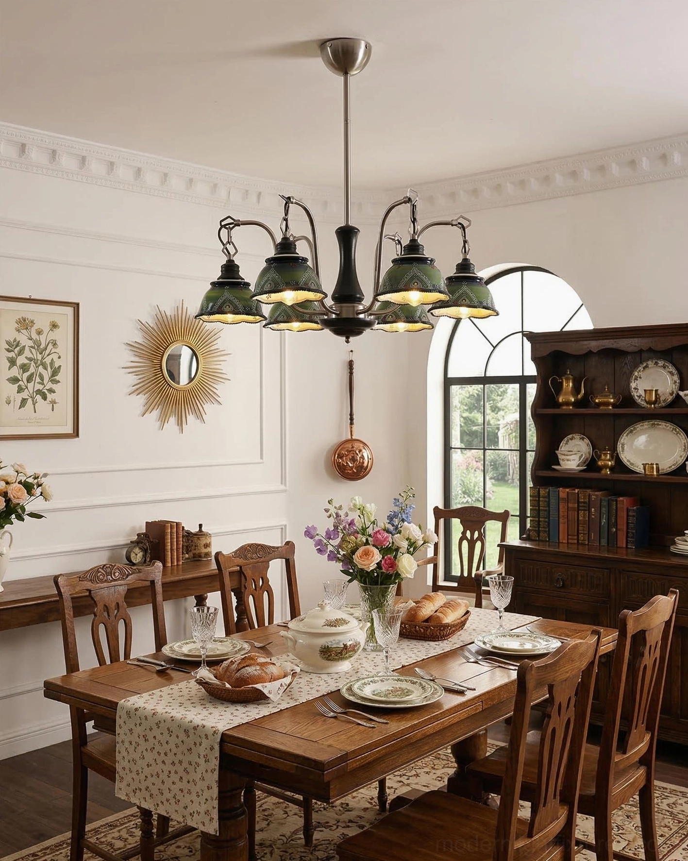 Marcella ceramic pendant chandelier in formal vintage dining room with dark wood furniture and classic ambiance
