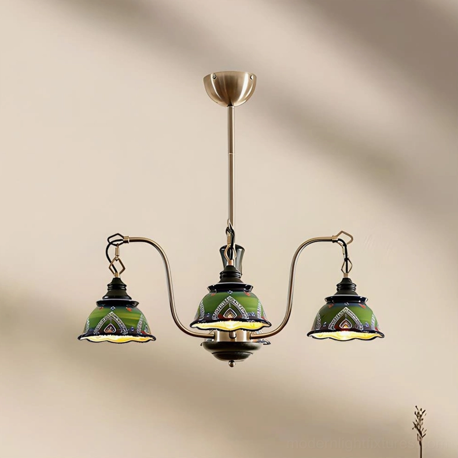 Marcella vintage chandelier artistic side profile showing curved arms, wood-tone center, and graceful ceramic shade arrangement