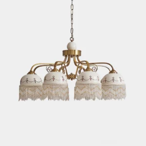 Marcelline 4-head vintage beaded fringe chandelier with brushed brass frame and hand-painted glass dome shades, studio front view