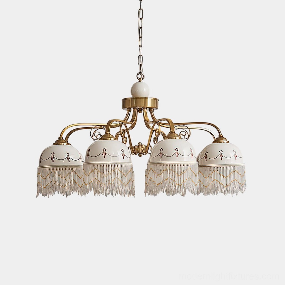 Marcelline 4-head vintage beaded fringe chandelier with brushed brass frame and hand-painted glass dome shades, studio front view
