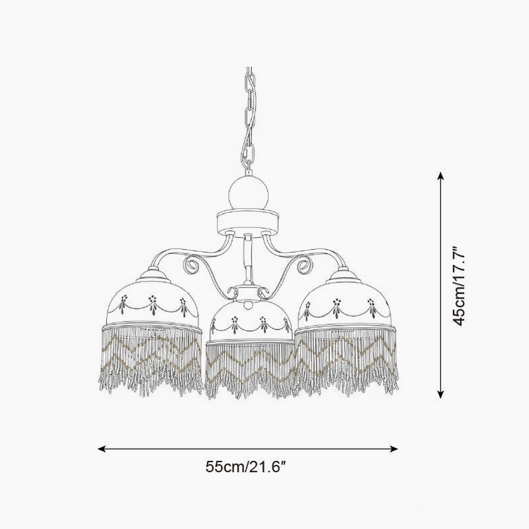 Marcelline 5-head chandelier technical design sketch with orthographic front view showing dimensions 55cm width and 45cm height