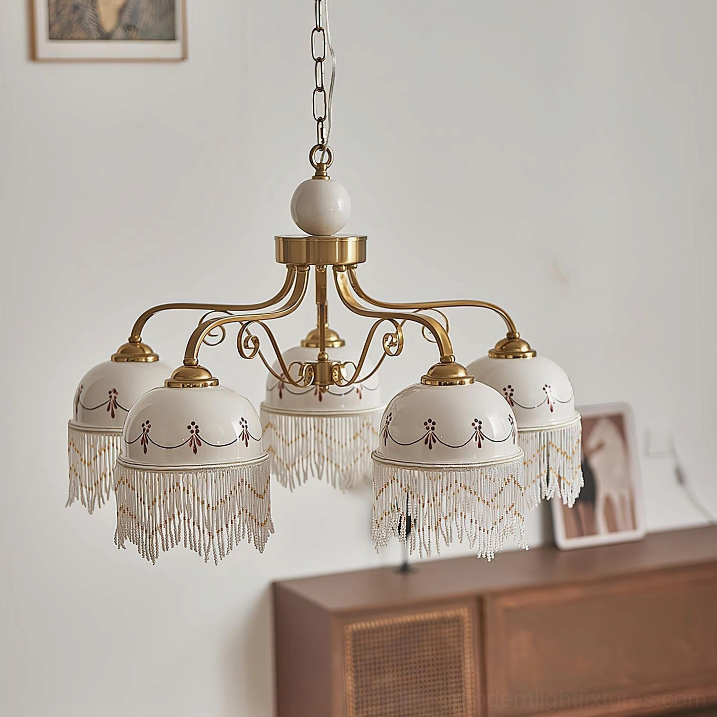 5-head Marcelline beaded fringe chandelier in retro living room with wooden cabinet, brass gold finish with glowing embroidered shades