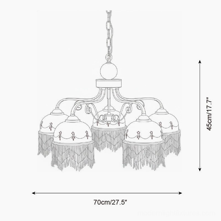 Marcelline 8-head vintage chandelier design line drawing, orthographic front view with specifications 70cm width and 45cm height