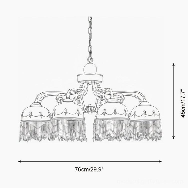 Marcelline 8-head chandelier construction diagram, front orthographic view showing full dimensions 76cm diameter and 45cm height