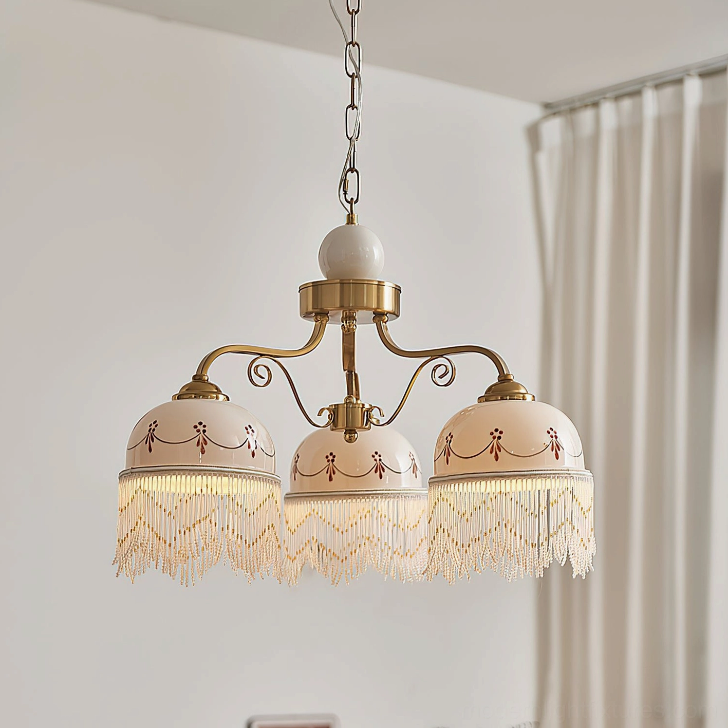 Marcelline beaded fringe chandelier detail shot showing hand-painted glass dome, embroidered shades, cascading beaded trim closeup