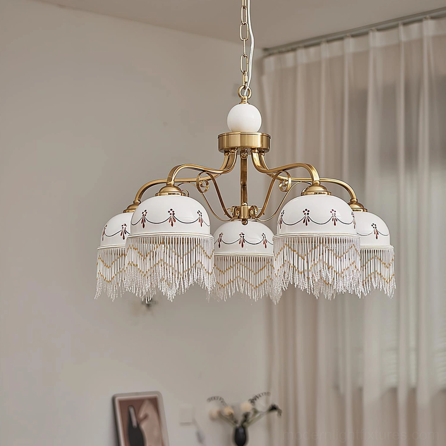 Marcelline vintage chandelier showing multiple head configurations and brass finish variations in different lighting environments