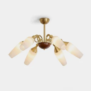 Marcelline mid-century sputnik chandelier with brass arms, solid wood hub, and milk-glass tube shades—front studio view