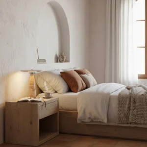 Mareen travertine table lamp on wooden nightstand, bedroom ambient lighting, warm 3000K glow