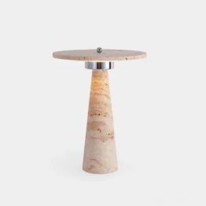 Mareen travertine table lamp front view, minimalist modern design with chrome accents, natural stone texture