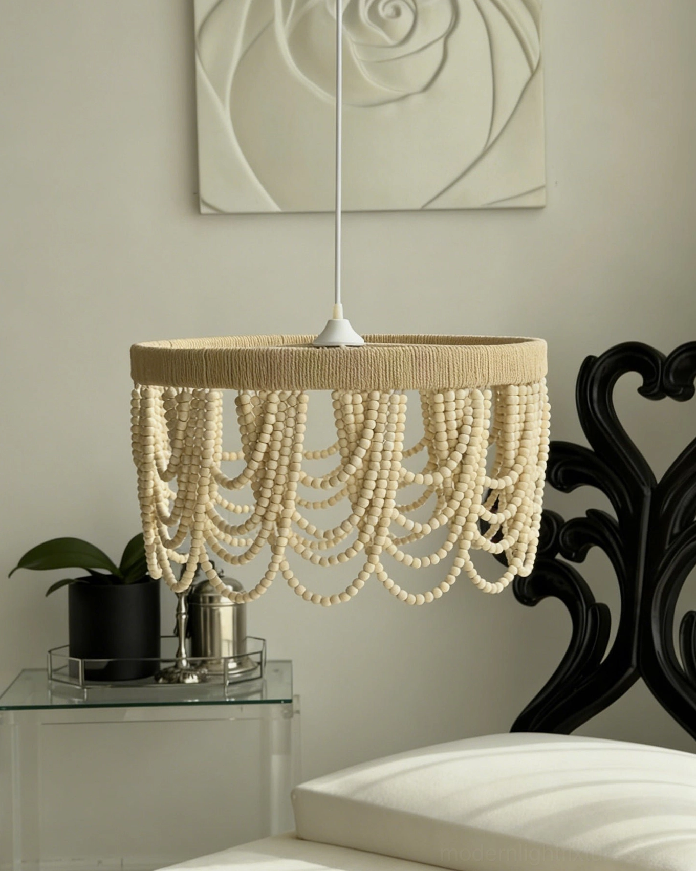Marela woven pendant light with wooden beads and hemp rope fringe, versatile bohemian pendant fixture for modern interior design