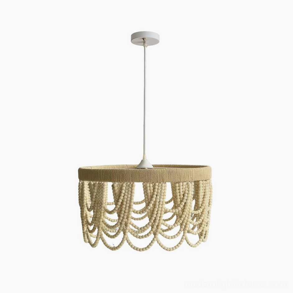 Marela large woven drum pendant light with wooden bead fringe in beige, 60cm diameter pendant fixture for dining room and living areas