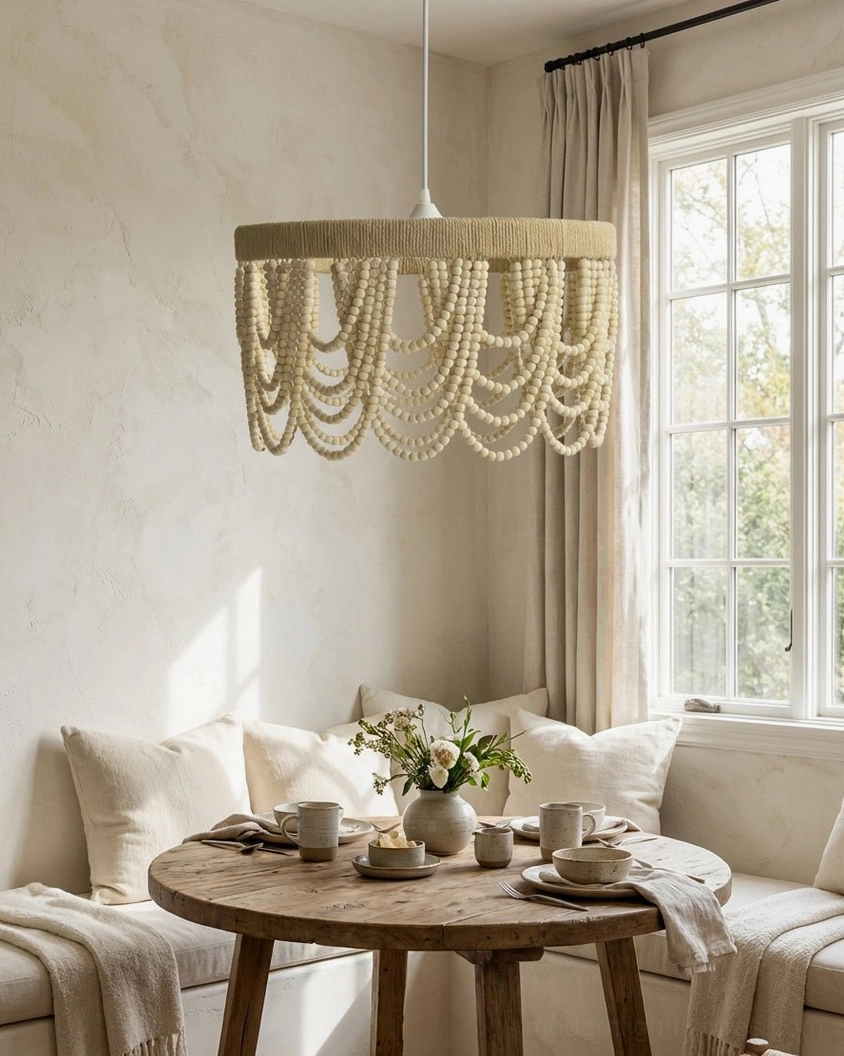Marela wooden bead pendant lamp with layered bead drapes hanging in bright banquette dining nook with minimalist boho warm style