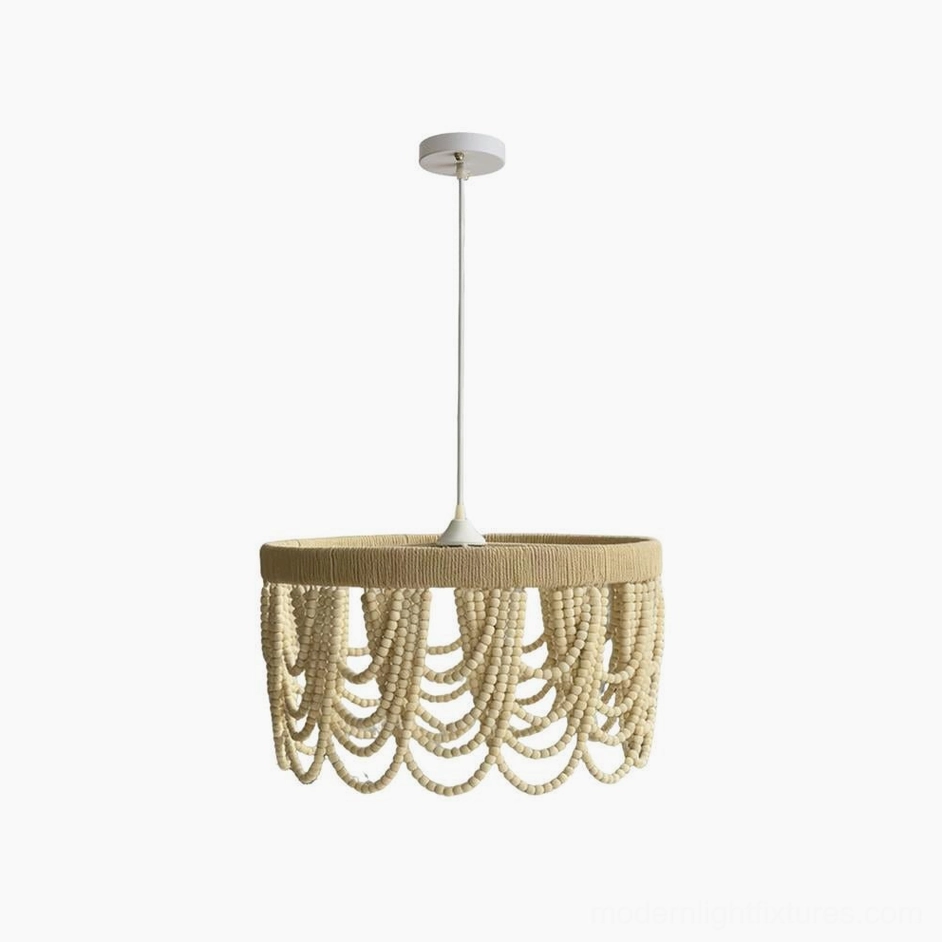 Marela woven drum pendant light with beige wooden bead fringe, low front studio shot showing detailed bead draping and natural woven shade