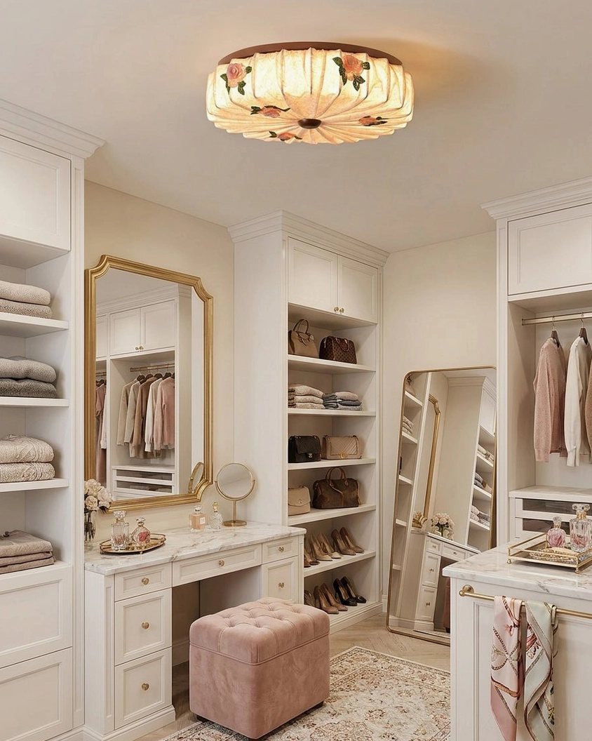 Maribelle round flush mount ceiling light fabric shade with beige linen texture and molded rose-flower accents detail