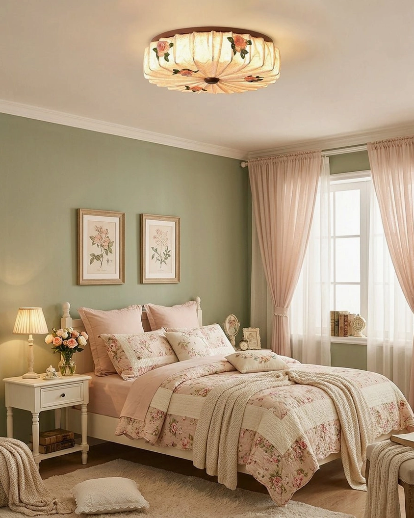 Maribelle flush mount in cozy French country bedroom with floral bedding and soft green walls, warm light diffusion