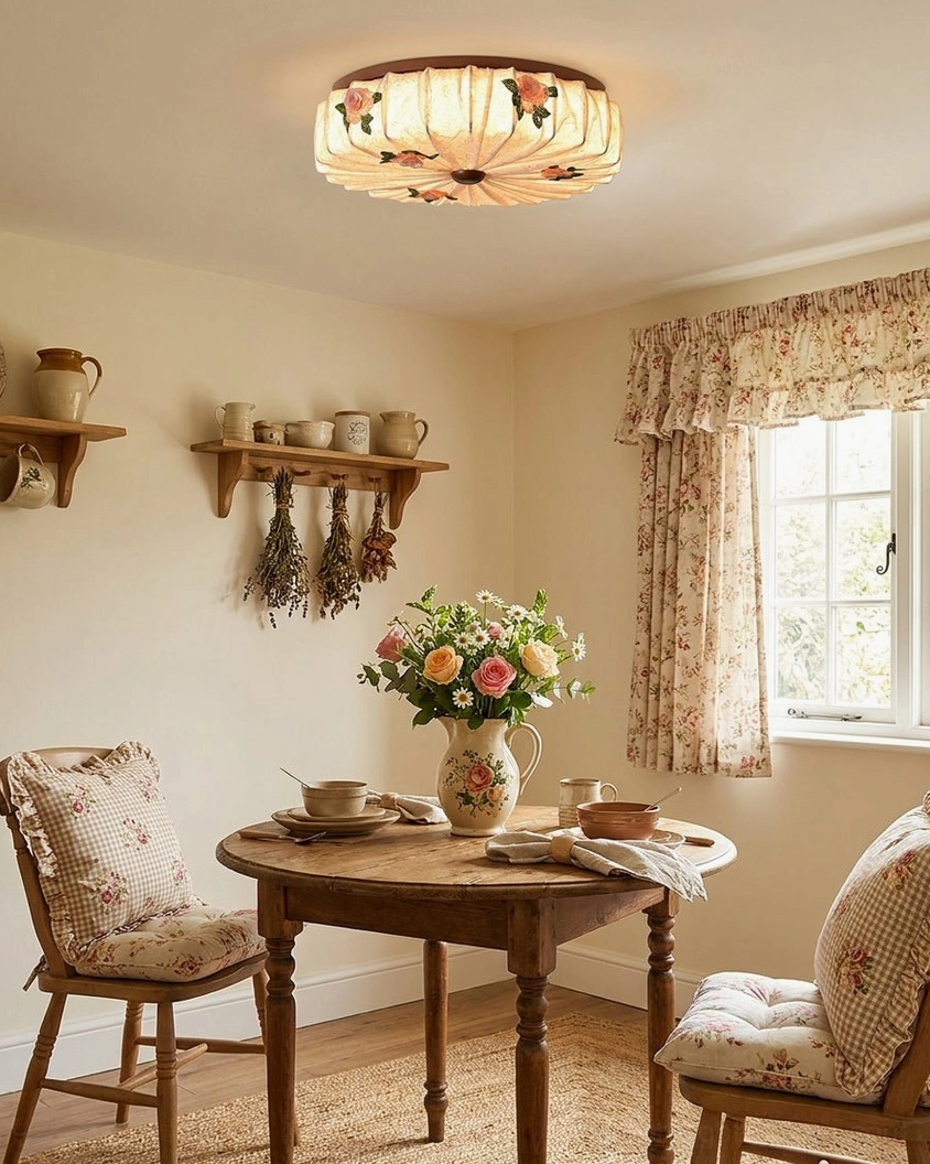 Maribelle ceiling light installed above French country dining nook with rustic warm decor and floral elements